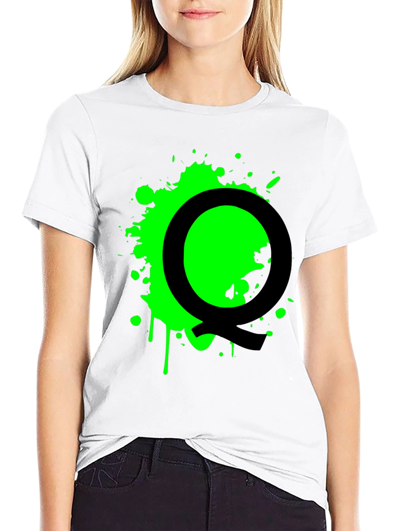 Black T-Shirt with Green Splatter Letter Q