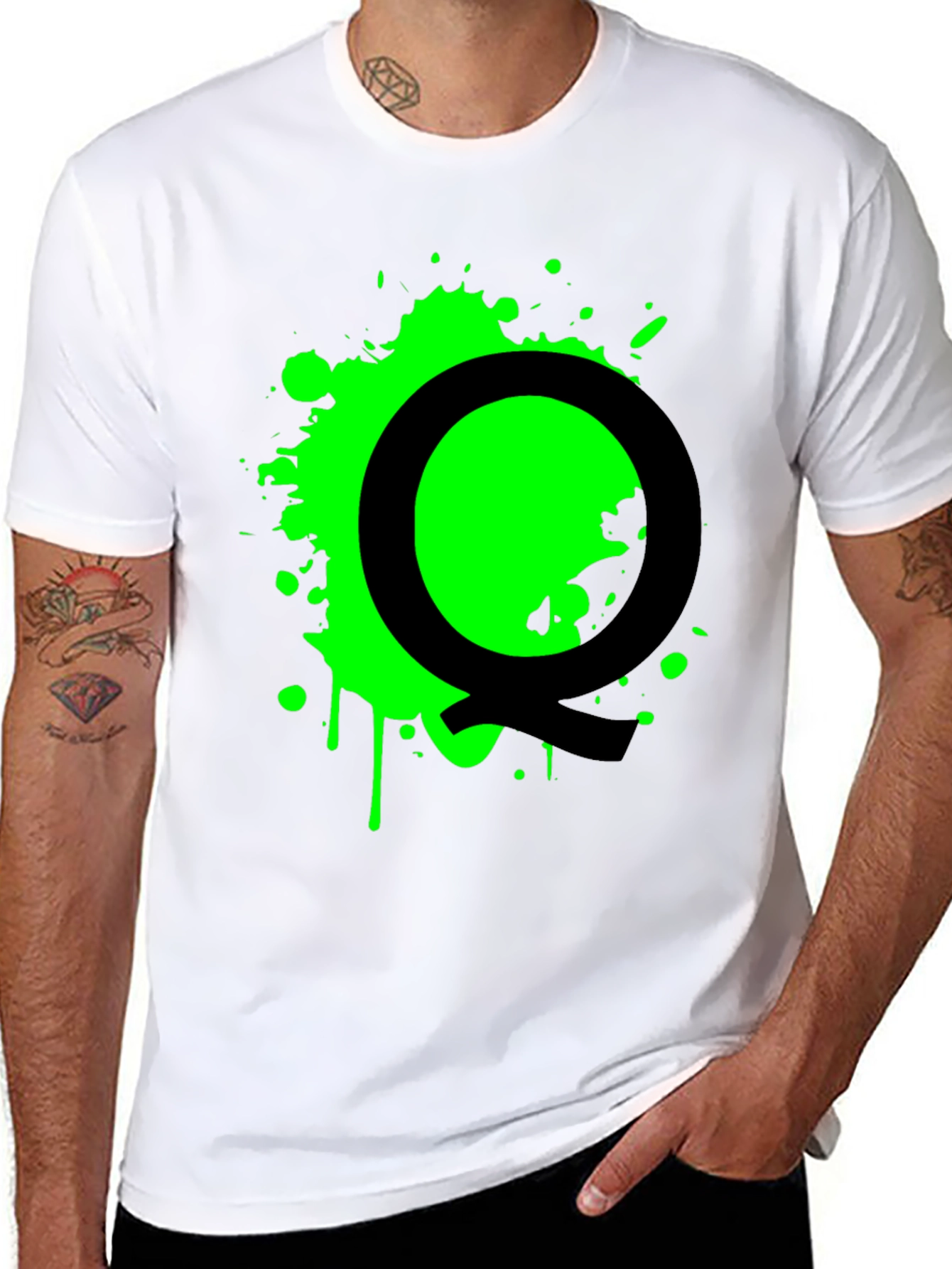 Black T-Shirt with Green Splatter Letter Q