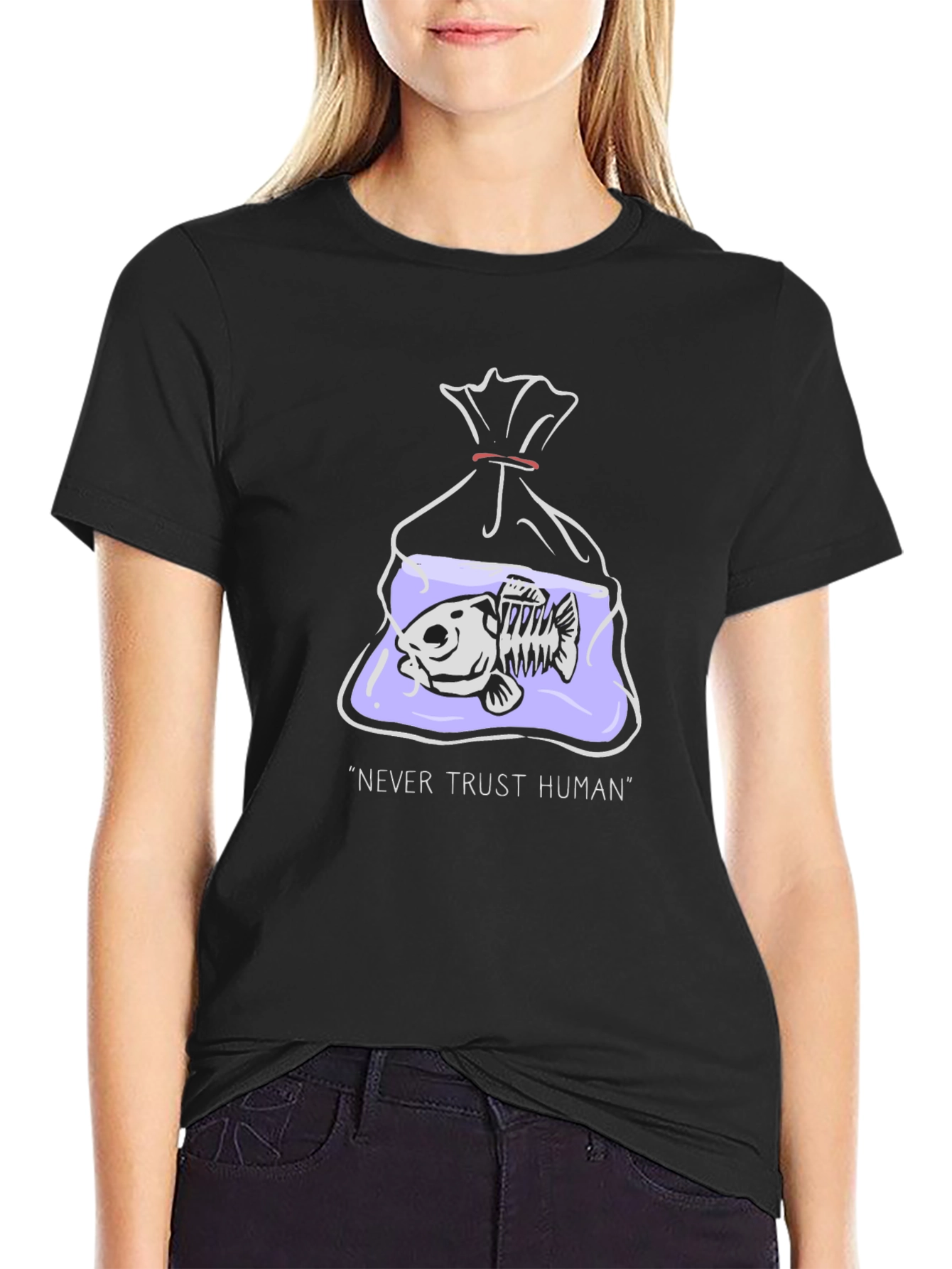 Never Trust Human T-Shirt - Fish Skeleton Graphic Tee