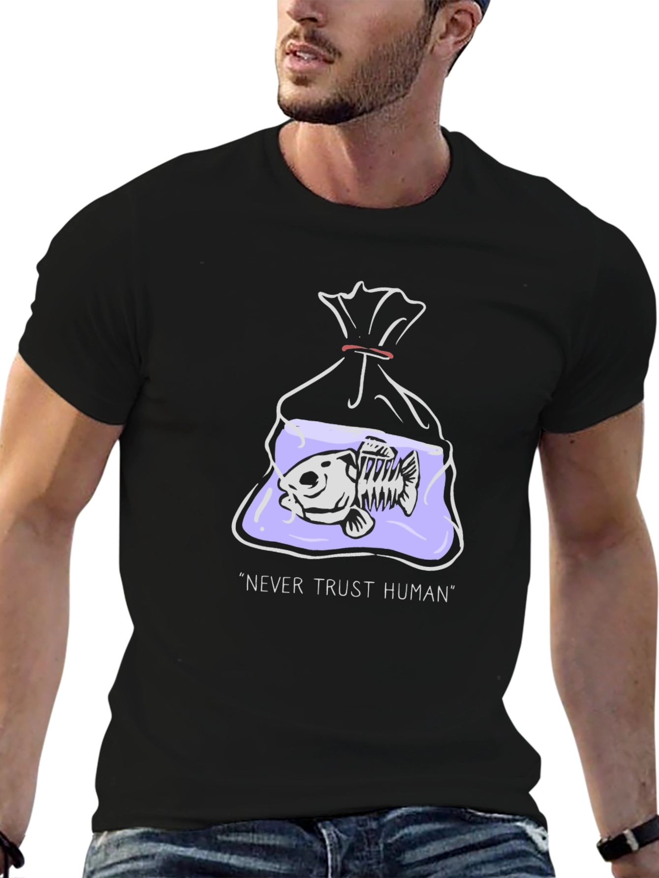 Never Trust Human T-Shirt - Fish Skeleton Graphic Tee