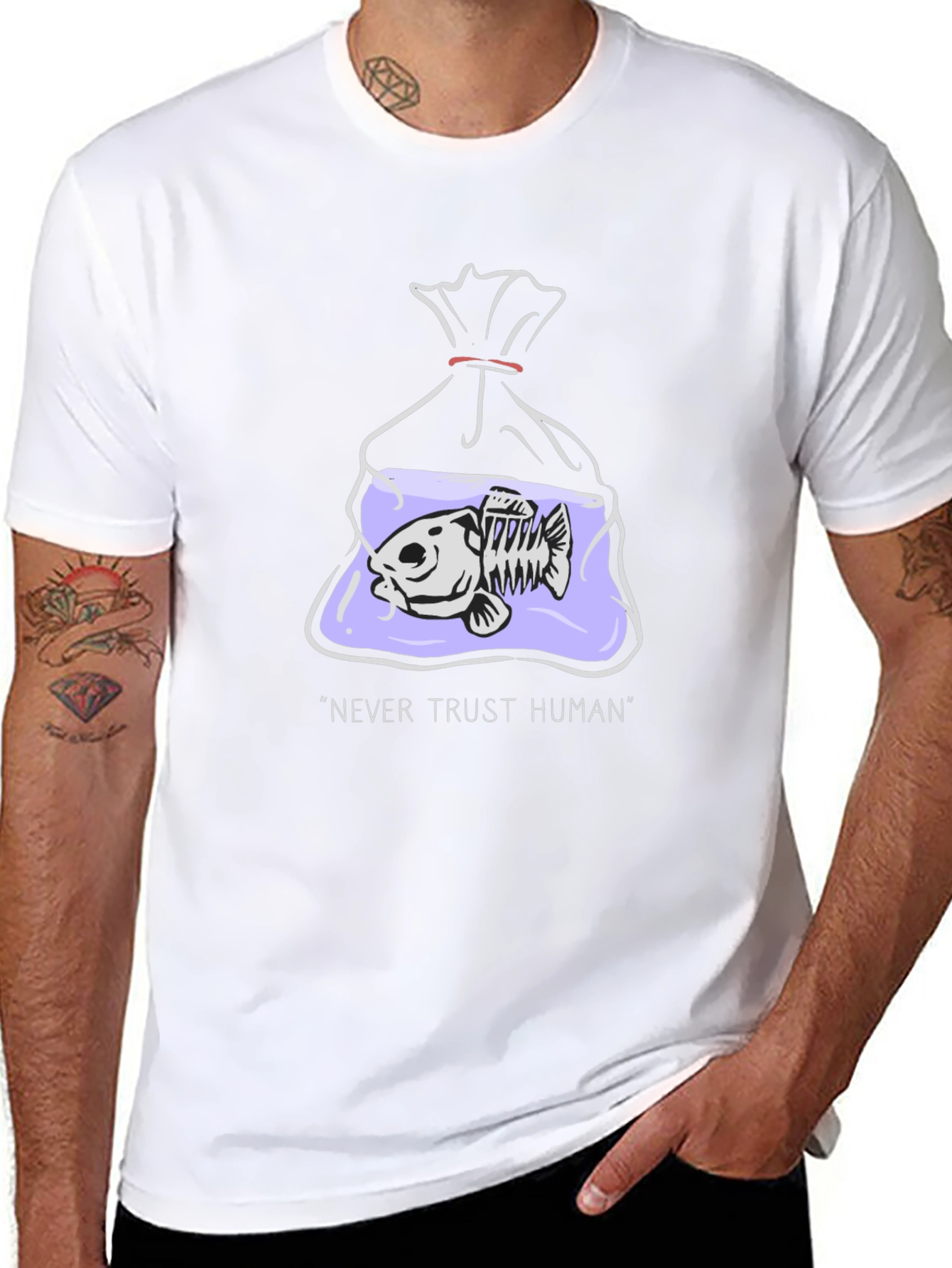 Never Trust Human T-Shirt - Fish Skeleton Graphic Tee