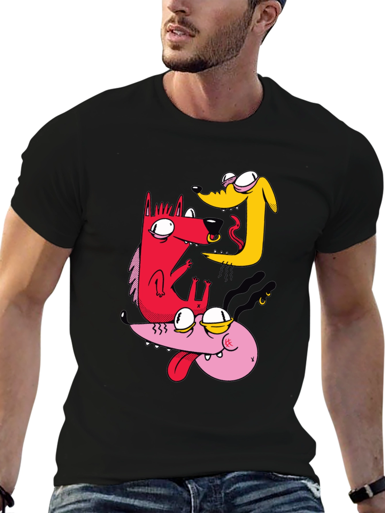 Cartoon Dog Graphic T-Shirt - Black