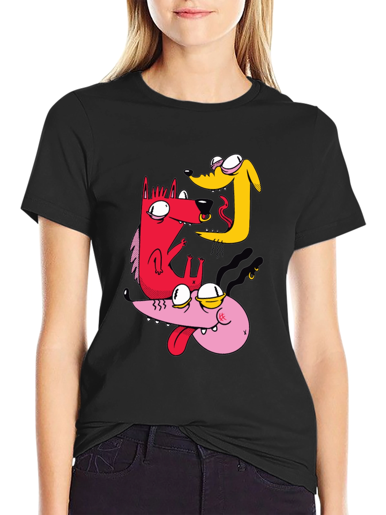 Cartoon Dog Graphic T-Shirt - Black
