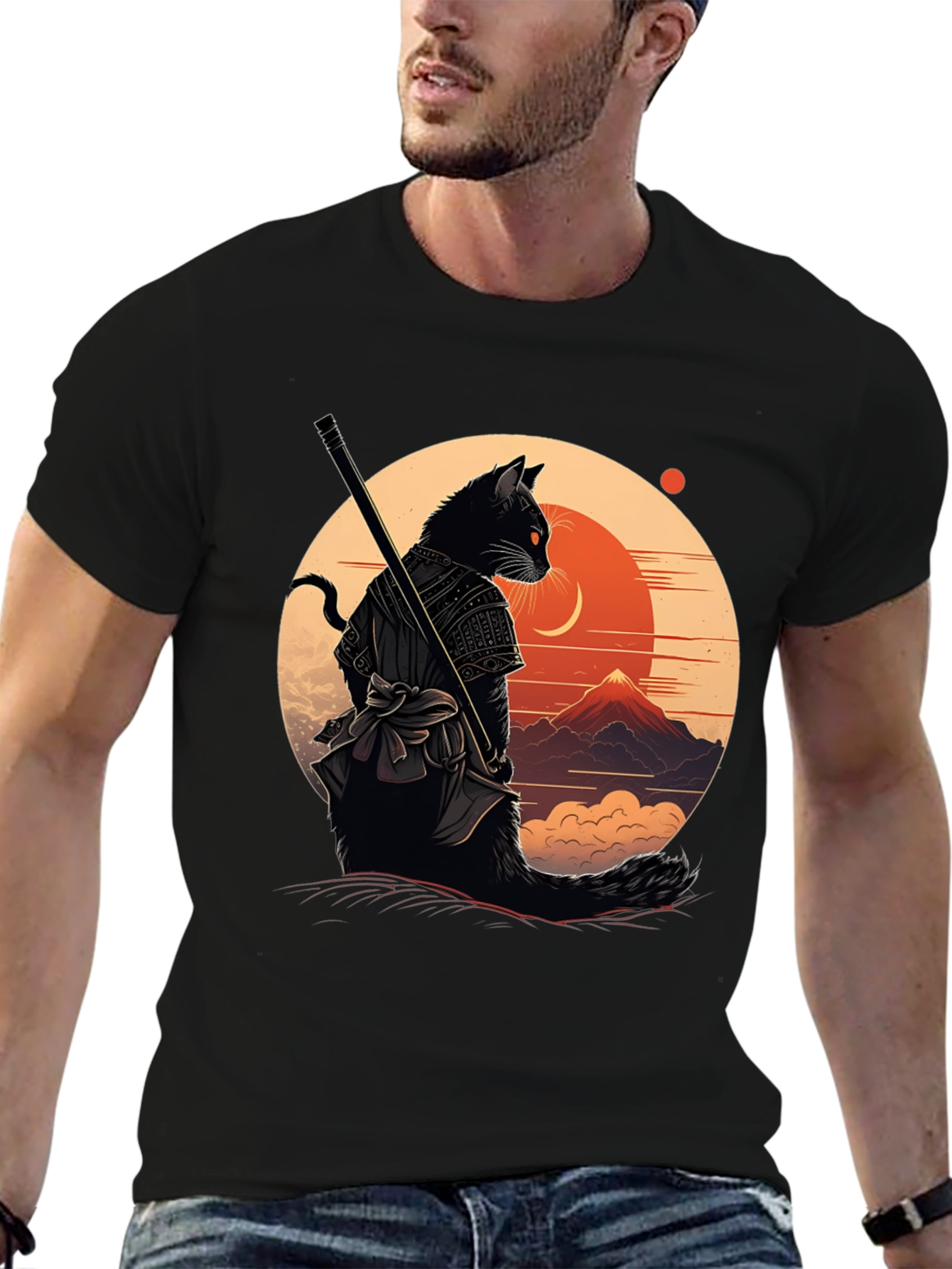 Samurai Cat Graphic Tee - Black