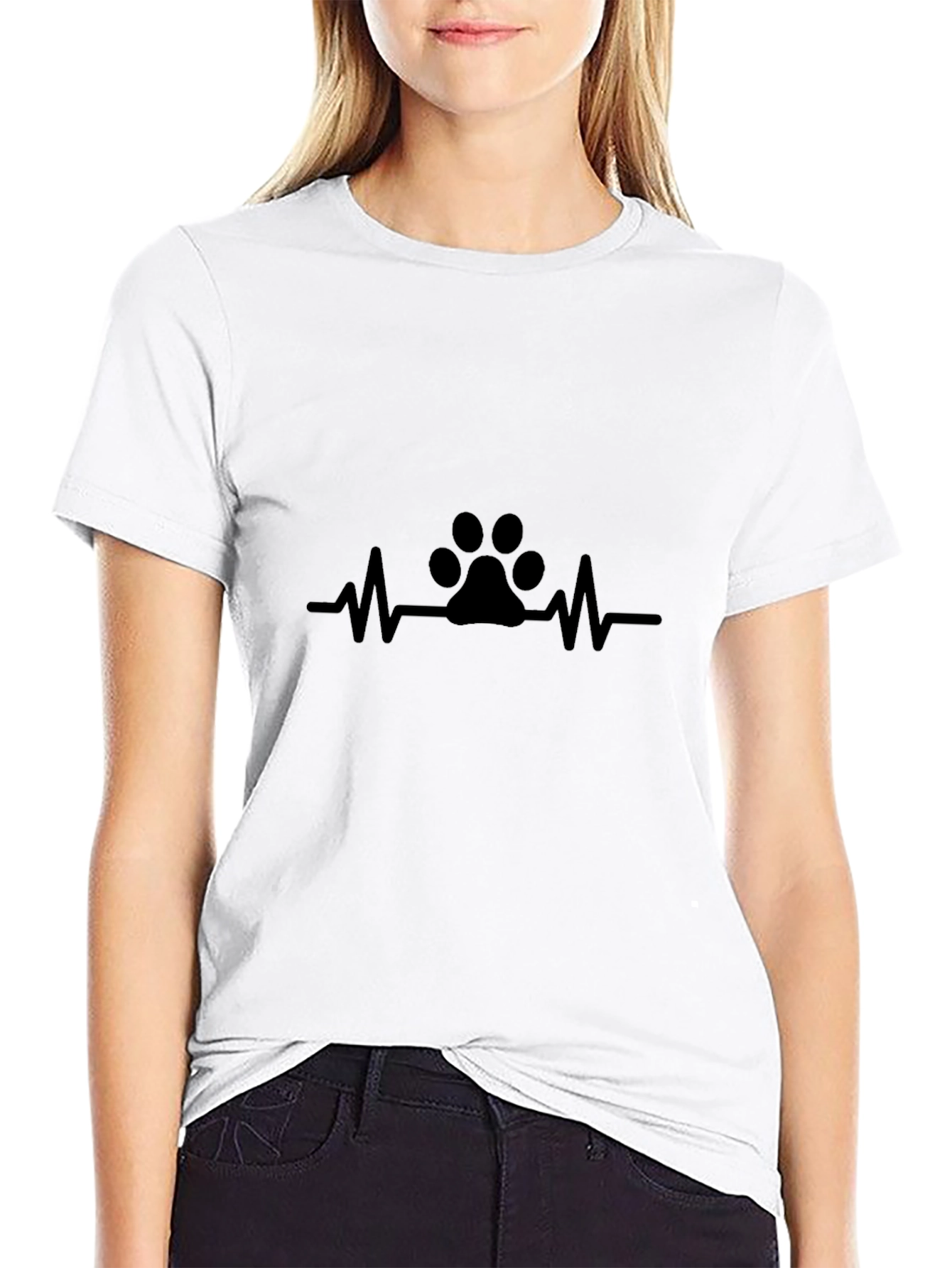 Paw Print Heartbeat T-Shirt - Black Casual Cotton Tee