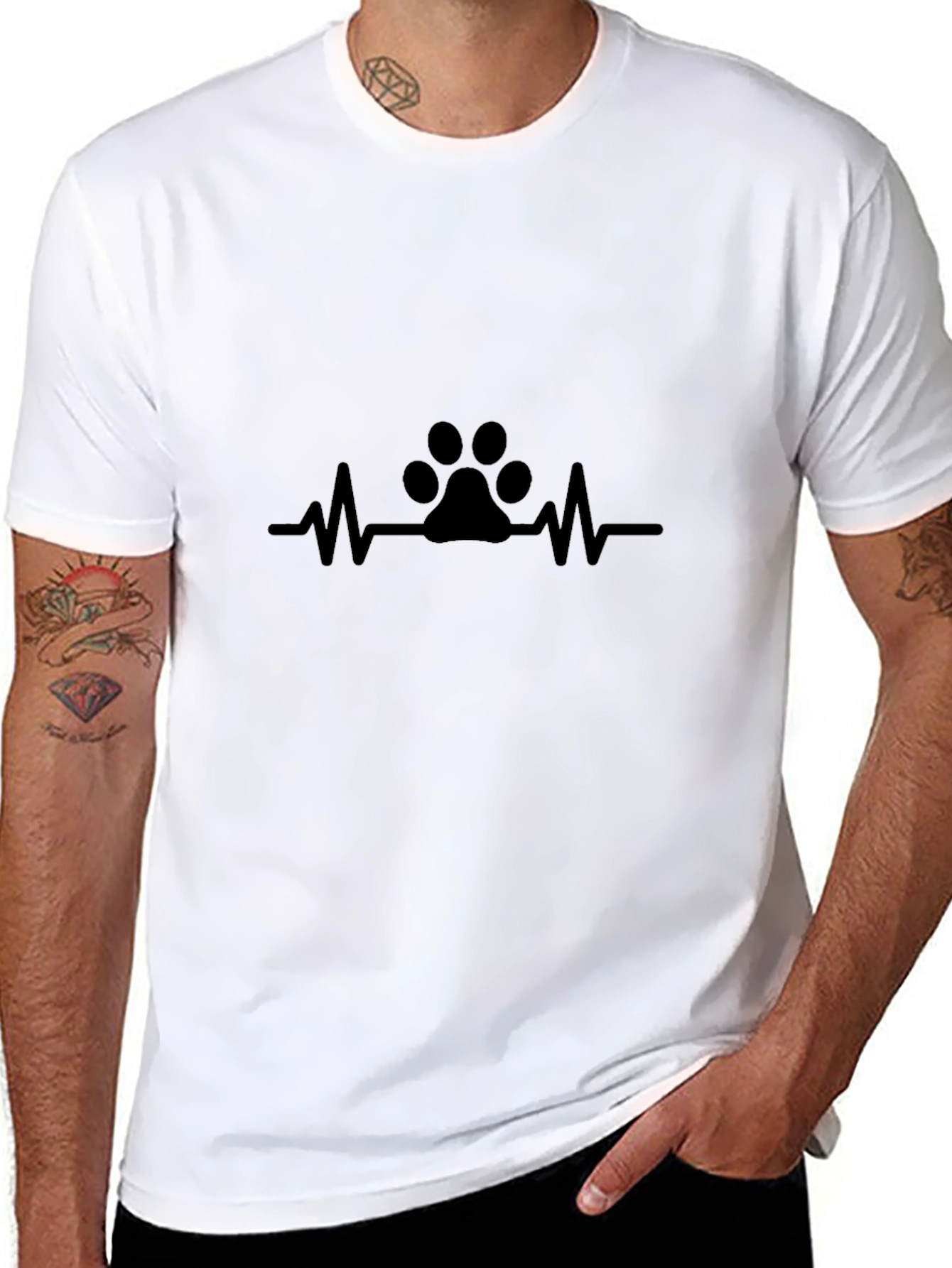 Paw Print Heartbeat T-Shirt - Black Casual Cotton Tee
