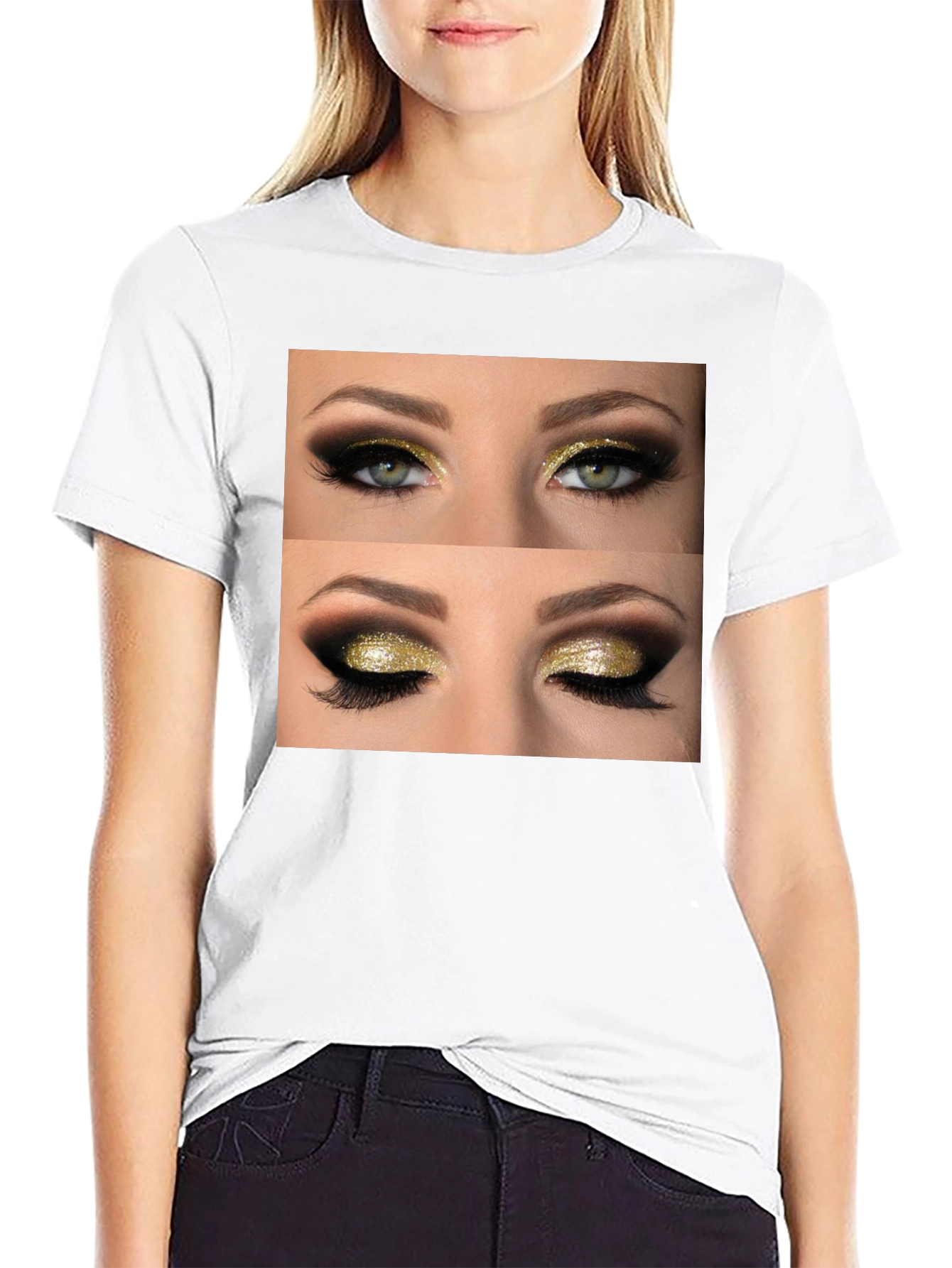 Glam Eyes Graphic Tee - Black Cotton Casual Wear