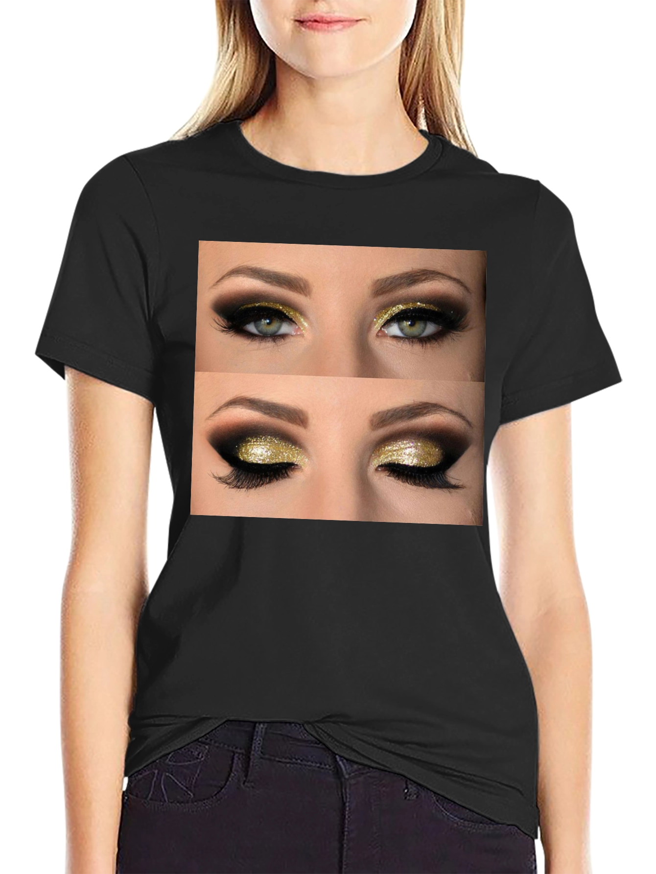 Glam Eyes Graphic Tee - Black Cotton Casual Wear