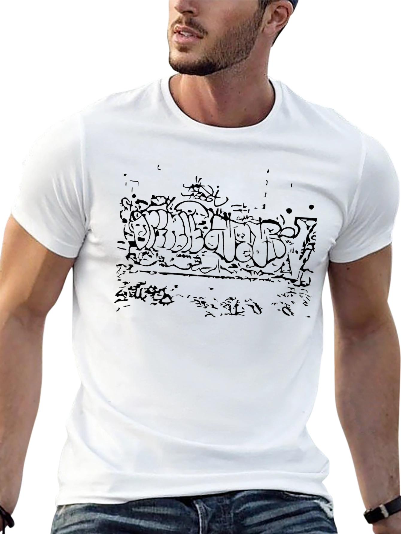 Urban Graffiti Graphic Tee - Black Cotton Crew Neck