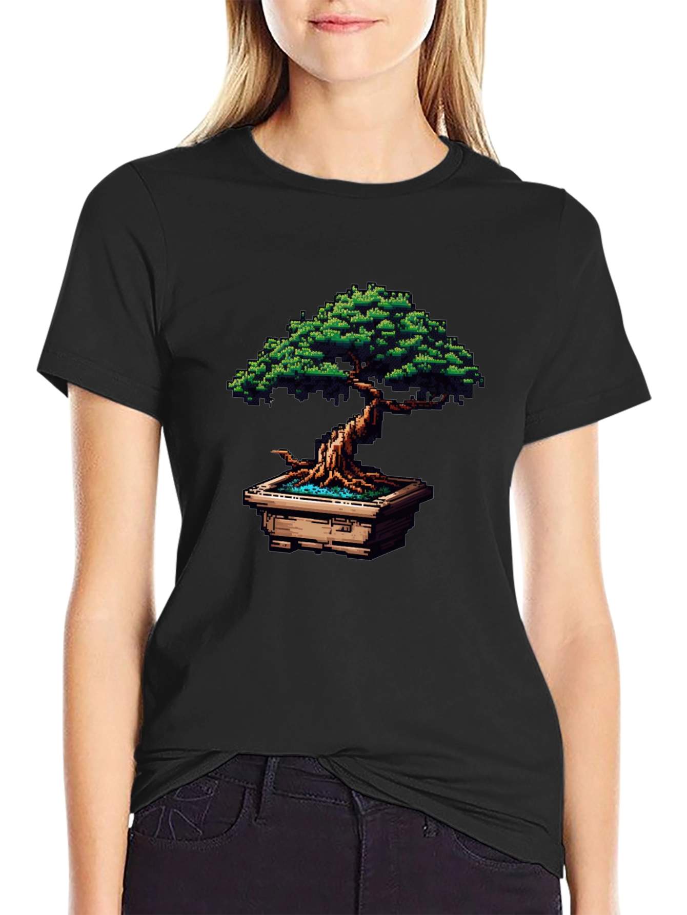 Pixel Art Bonsai Tree Black T-Shirt
