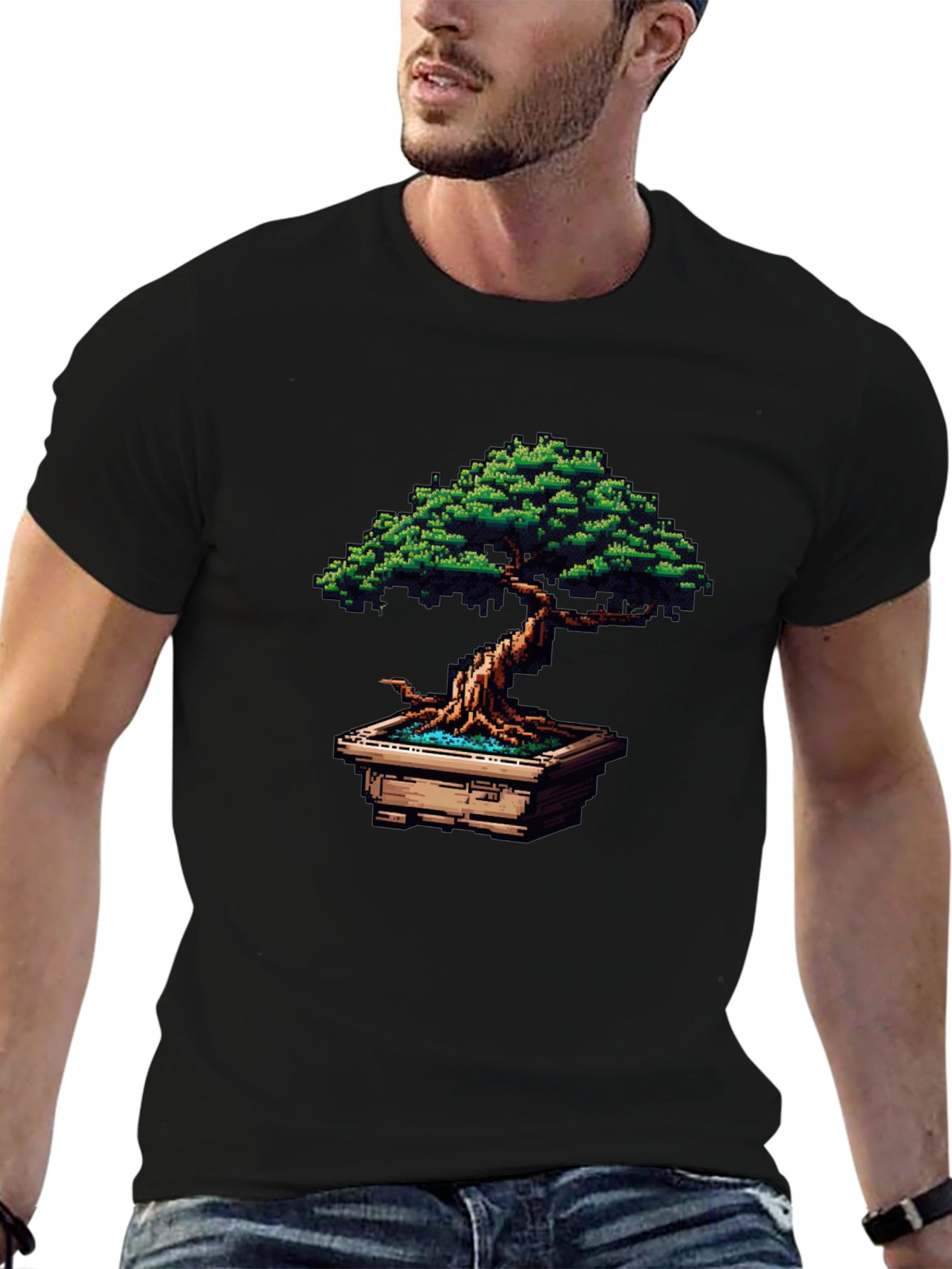 Pixel Art Bonsai Tree Black T-Shirt