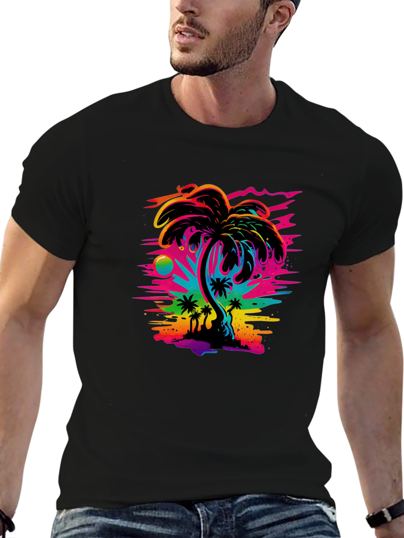 Vibrant Palm Tree Graphic Black T-Shirt