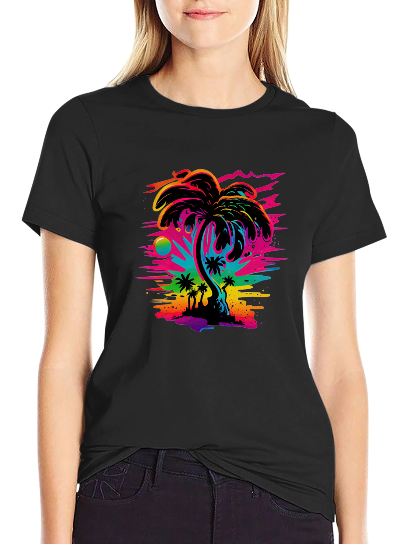 Vibrant Palm Tree Graphic Black T-Shirt