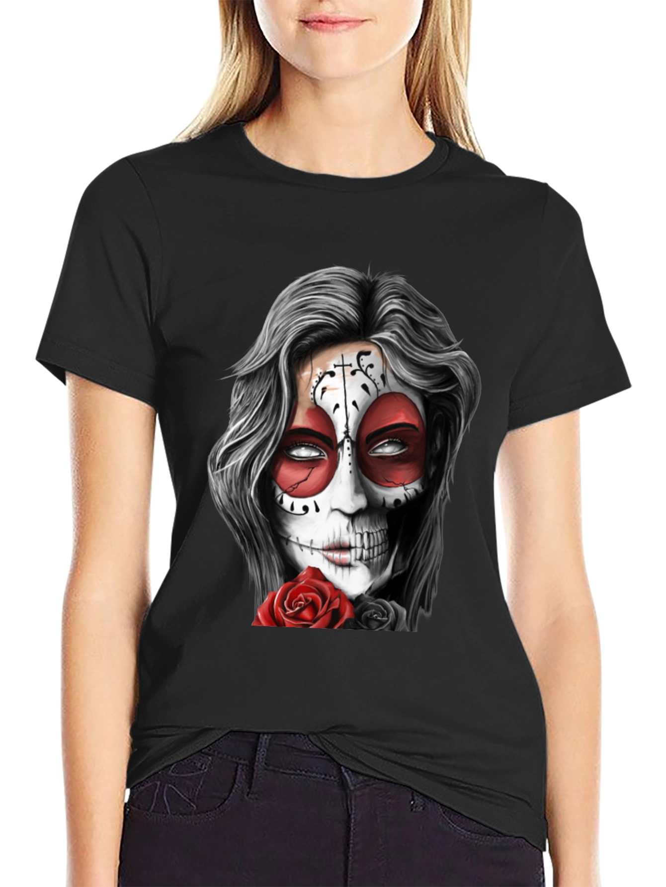 Sugar Skull Rose Graphic Tee - Mens Black T-Shirt